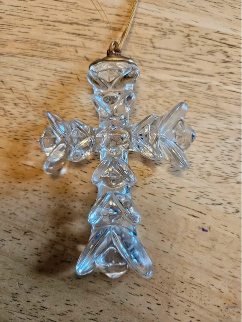 Vintage Clear Art Glass Cross Ornament Gold Tassel Hanging 4